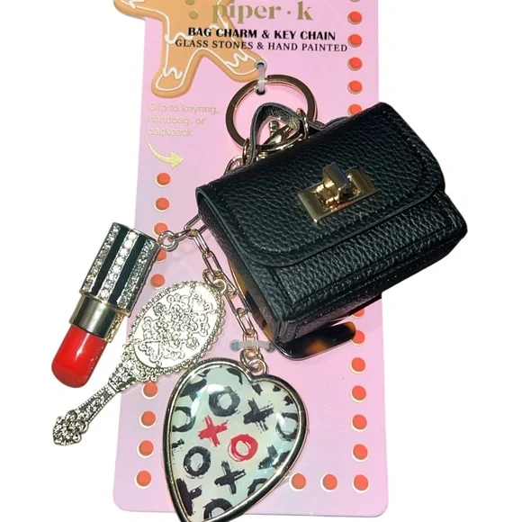 Piper K Black Key Holder with Heart and Lipstick Charms - Picture 1 of 1
